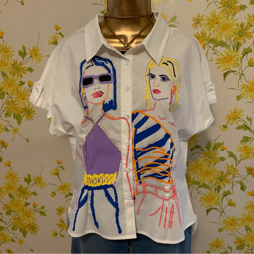NWT Fashion girls print button up short sleeve shirt size L